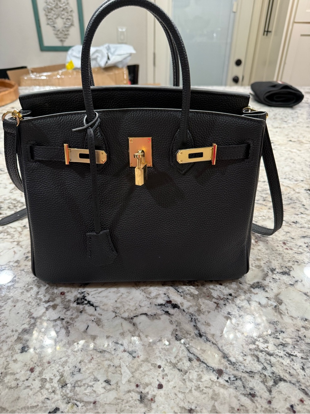 Black Leather Structured Tote with Gold Hardware